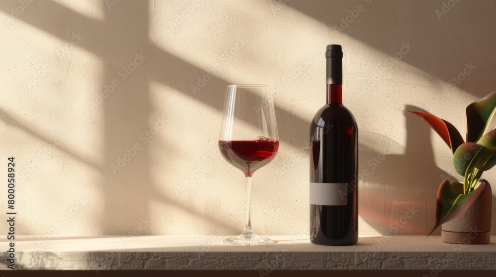 A single glass of red wine beside a bottle, casting shadows in the warm sunlight, on a textured surface.