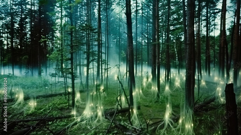 Mystical blue lights in a dense forest, creating an eerie and magical atmosphere