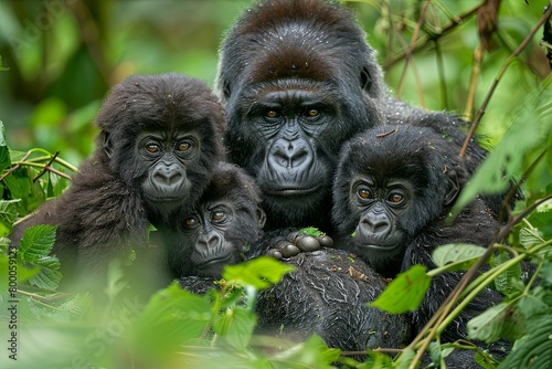  A family of gorillas nestled together in the lush greenery of their natural habitat © Sittipol 