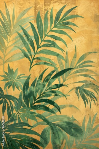 Panel wall art with palm leaves, light green and gold colors, reminiscent of an Asian artist.