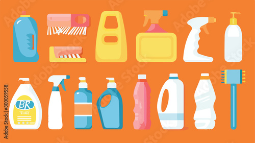 Different cleaning supplies on orange background vector
