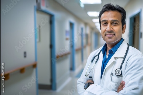 Portrait of happy friendly male Indian doctor medical worker wearing white coat with stethoscope standing in modern clinic