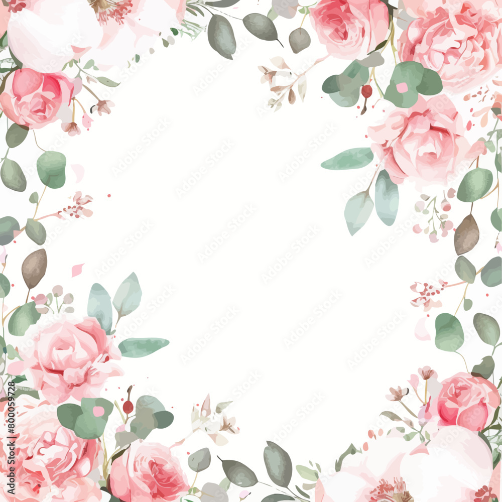 a white background with pink flowers and green leaves