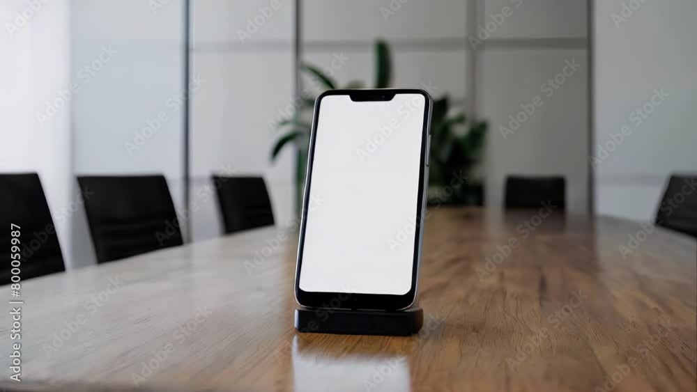 A smartphone with a blank screen on the table in the office meeting room	