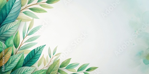 watercolor leaves in corner on white background with copy space for text.