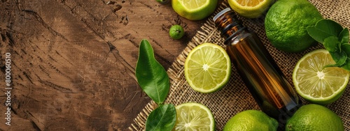bergamot and lime essential oil on burlap background. selective focus photo