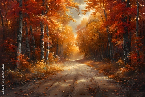 Radiant Autumn Road Through Golden Fall Forest