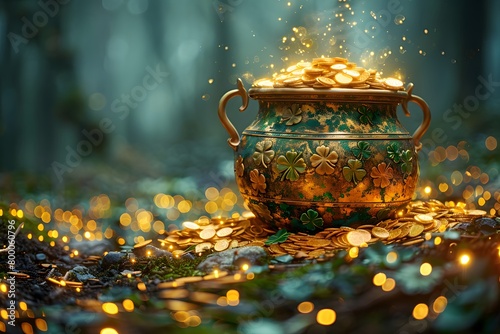 Enchanted Pot of Gold Glowing Amidst Mystic Forest