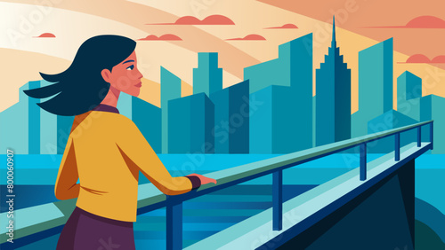 A woman pausing on a bridge taking a moment to take in the sights and sounds of the city below..