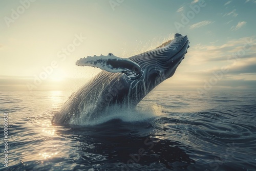 A Baby Humpback Whale Plays Near the Surface in Blue Water,Humpback whale jumping out of the water in Australia. The whale is spraying water and ready to fall on its back. © Sittipol 