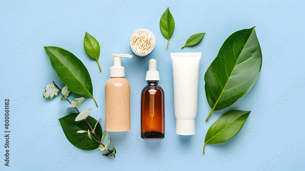 Natural organic SPA cosmetic products set with green leaves. Top view herbal skincare beauty products on blue background. Banner mockup for eco shop or beauty salon Natural organic SPA cosmetic products set with green leaves. Top view herbal skincare beauty products on blue background. Banner mockup for eco shop or beauty salon