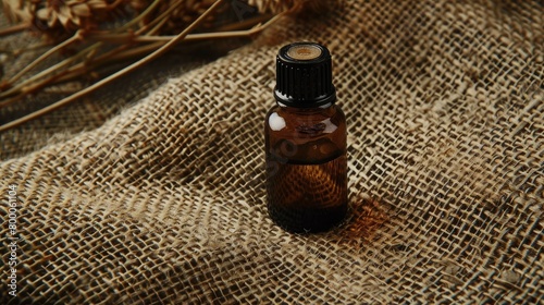 camphor essential oil on burlap background. selective focus photo