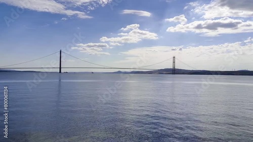 View of the 1915 Çanakkale Bridge from the sea in Gallipoli Turkey.
