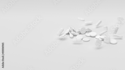 White tablets falling on white background in slow motion. Drugs, pills, tablets, medicine concept. 3d render animation (ID: 800061165)