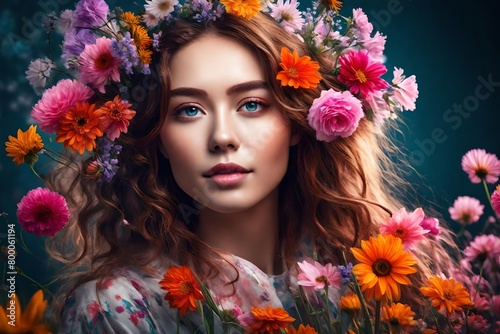 Beautiful female portrait with flowers and vibrant color HD .
