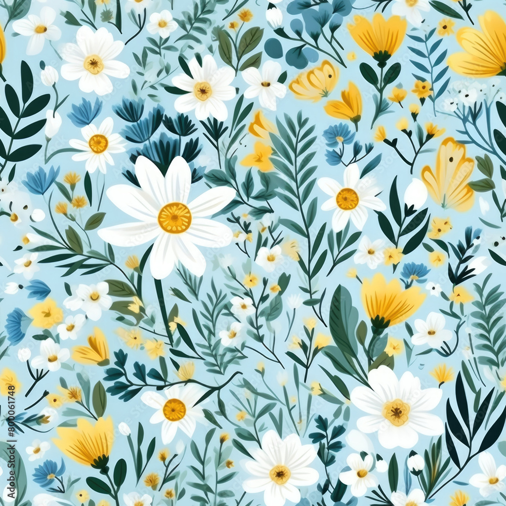 Gently blue background with field herbs, flowers and daisies seamless pattern. Floral natural print for textiles, paper, wallpaper, packaging