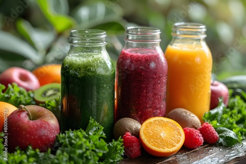 Colorful Fresh Fruit Smoothies in Glass Jars Amidst Lush Greenery