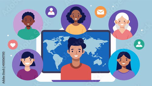 A virtual support group meeting with faces appearing on a screen from different corners of the world united in their journey of coping with loss.. Vector illustration