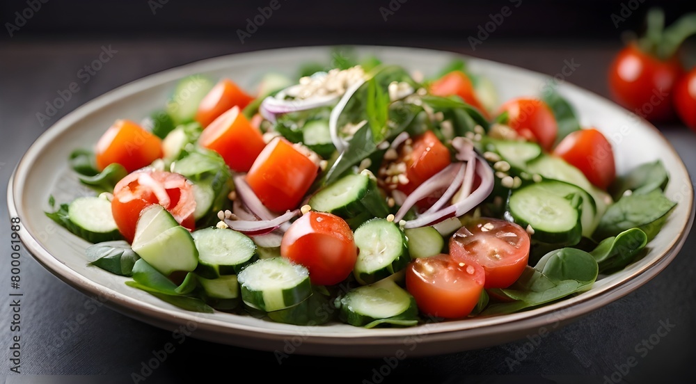 A plate of fresh tomato, cucumber, onion, spinach, lettuce, and sesame seeds contains a nutritious vegetable salad. menu for diet. top view. A plate of fresh tomato, cucumber, onion, spinach, lettuce, and sesame seeds contains a nutritious vegetable salad. menu for diet. top view.
