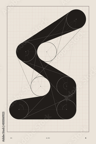 Vector illustration. Figure constructed with series of geometric shapes and lines, on graph paper background. Concept of real estate and architecture, mathematic, education material.