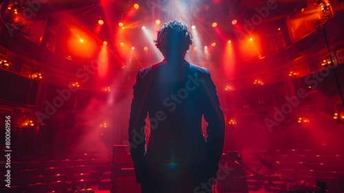 the elegant silhouette of a handsome singer commanding the stage, his silhouette bathed in the enchanting glow of vibrant spotlights, as he delivers a soul-stirring performance