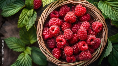 A backdrop composed of a green nature shrub with raspberries and ripe raspberries enclosed in a wicker basket lovely scene and space  Generative AI.