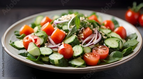A plate of fresh tomato, cucumber, onion, spinach, lettuce, and sesame seeds contains a nutritious vegetable salad. menu for diet. top view.