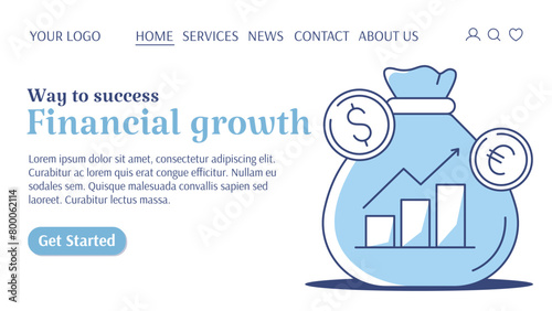 Money bag with coins, euro and dollar sign, increase graph with up arrow. Finance growth, success, business strategy of progress. Vector template for web, banner, landing page, website, startup.