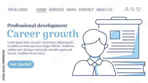 Businessman, employee in tie, presentation and book. Career growth, improving skills, business strategy of progress, education concept. Vector template for web, banner, landing page, website, startup.