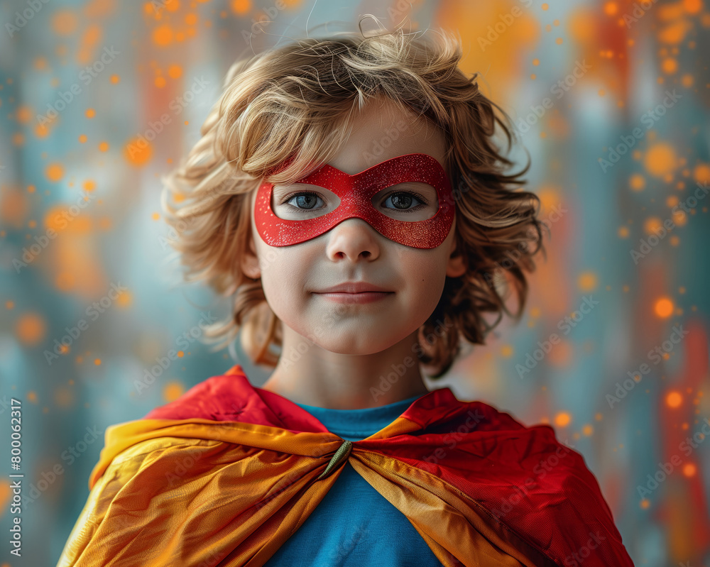 Child dressed as superhero with red mask Child dressed as superhero with red mask