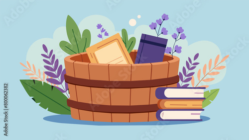 A rustic wooden tub beautifully decorated with s of eucalyptus dried lavender and stacks of books on mindfulness and selfcare..