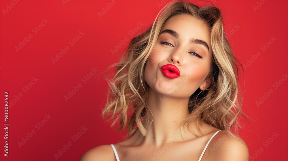 Blonde model blowing a kiss against a red background.