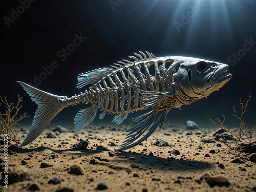 Skeleton fish under water, with dark background.