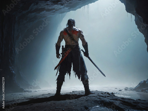 A man standing in a cave with a sword © magann