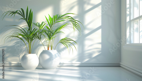 Serene Indoor Plant Decoration in Minimalist White Room with Strong Shadows and Sunlight 