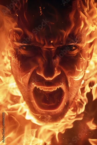 Close-up of an extremely angry adult mature man screaming with flames in background © Manzoor