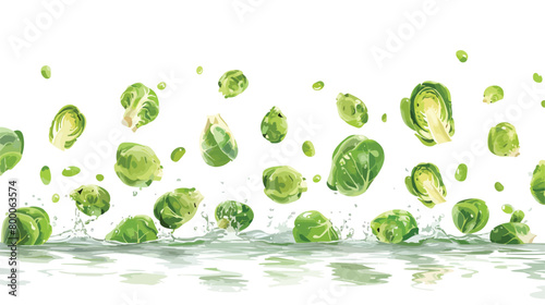 Falling of fresh Brussels sprouts into water against