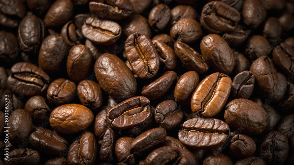 Fototapeta premium aerial photograph of a diverse assortment of freshly roasted coffee beans scattered elegantly across a textured dark wooden table.