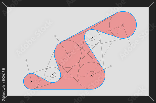 Vector illustration. Red and blue geometric shapes with circles and connecting lines creating modern graphic design. Concept of real estate and architecture, education material.