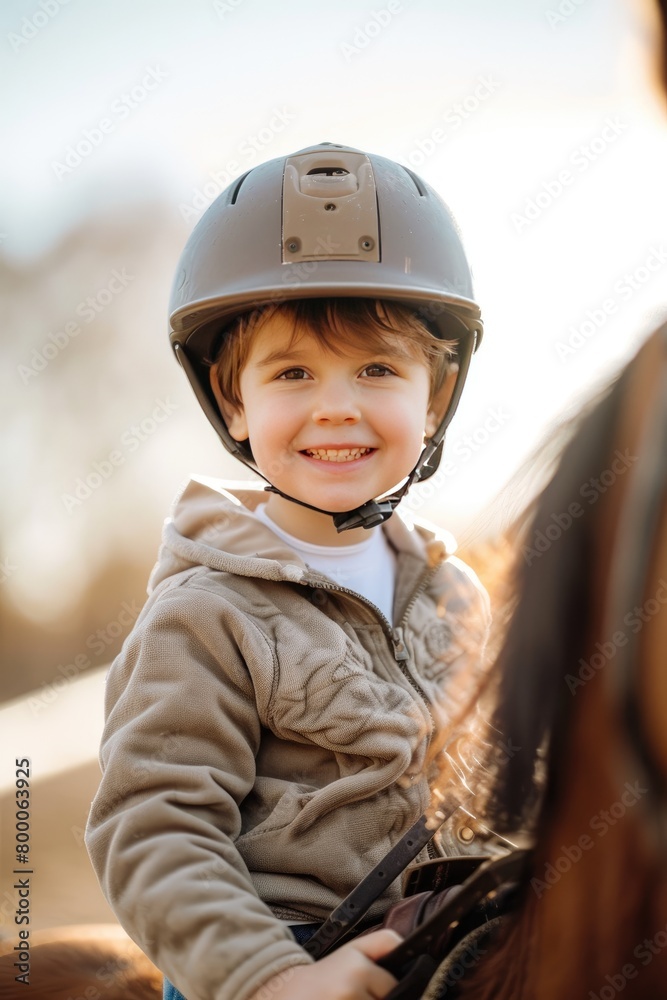the boy is learning to ride horses. selective focus