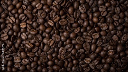 aerial photograph of a diverse assortment of freshly roasted coffee beans scattered elegantly across a textured dark wooden table. © JonathanOsborne