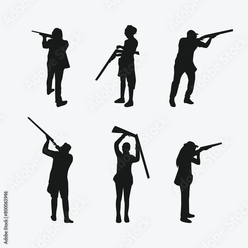 shotgun shooting sport silhouette collection set. shooting competition, clay target, skeet shooting, hunting. vector illustration.