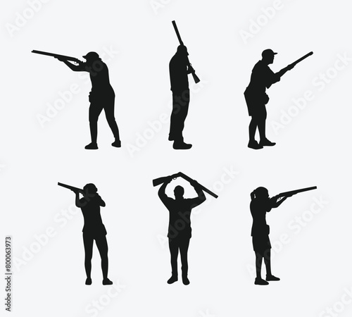 shotgun shooting sport silhouette collection set. shooting competition, clay target, skeet shooting, hunting. vector illustration. photo