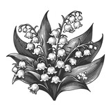 Lily of the Valley bouquet, showcasing detailed engraving of this delicate spring flower sketch engraving generative ai raster illustration. Scratch board imitation. Black and white image.