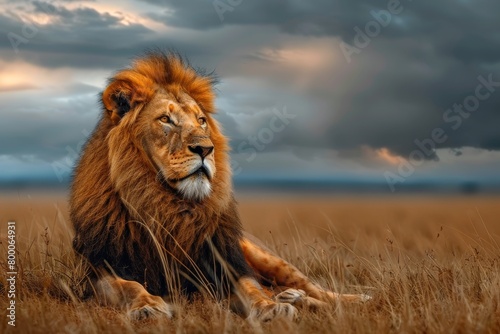 Side view of a Lion walking, looking at the camera, Panthera Leo, A lioness, Panthera leo, sitting on top of a mound, on a rocky outcrop, Single lion looking regal standing proudly on a small hill.  © Sittipol 