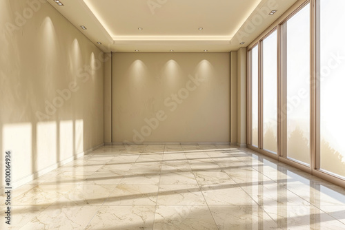 mockup empty room in a classic interior in beige color with sunlight with copy space. room layout.