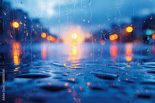 Colourful background of raining on glass and city lights behind it. Selective focus 
 
