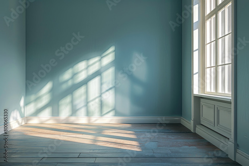 mockup empty room in classic interior in blue color with sunlight with copy space. room layout.