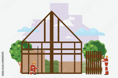 Workers in helmets and uniform construct a house against the backdrop of urban and natural landscapes. Construction, building, estate concept