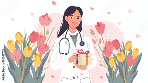 Female doctor with tulips and gift box on white background